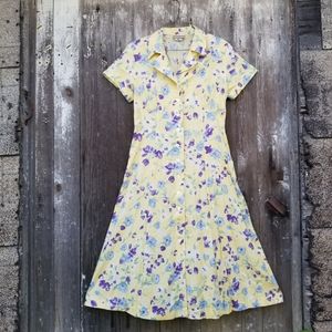 VTG 90s Pale Yellow & Violet Floral Print Dress